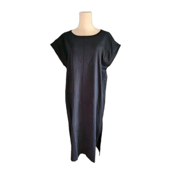 Everlane The Luxe Cotton Side-Slit Tee Dress Cap Sleeve Midi Black Size XL - Picture 2 of 6